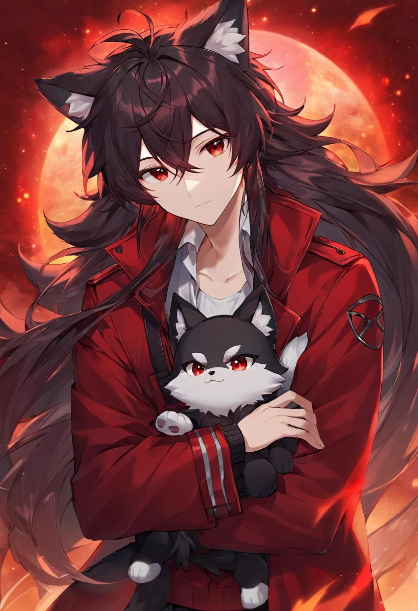 Furry man in a red jacket, white fur, red eyes, black ears and a red aurora covering him, young man and medium-long hair.
