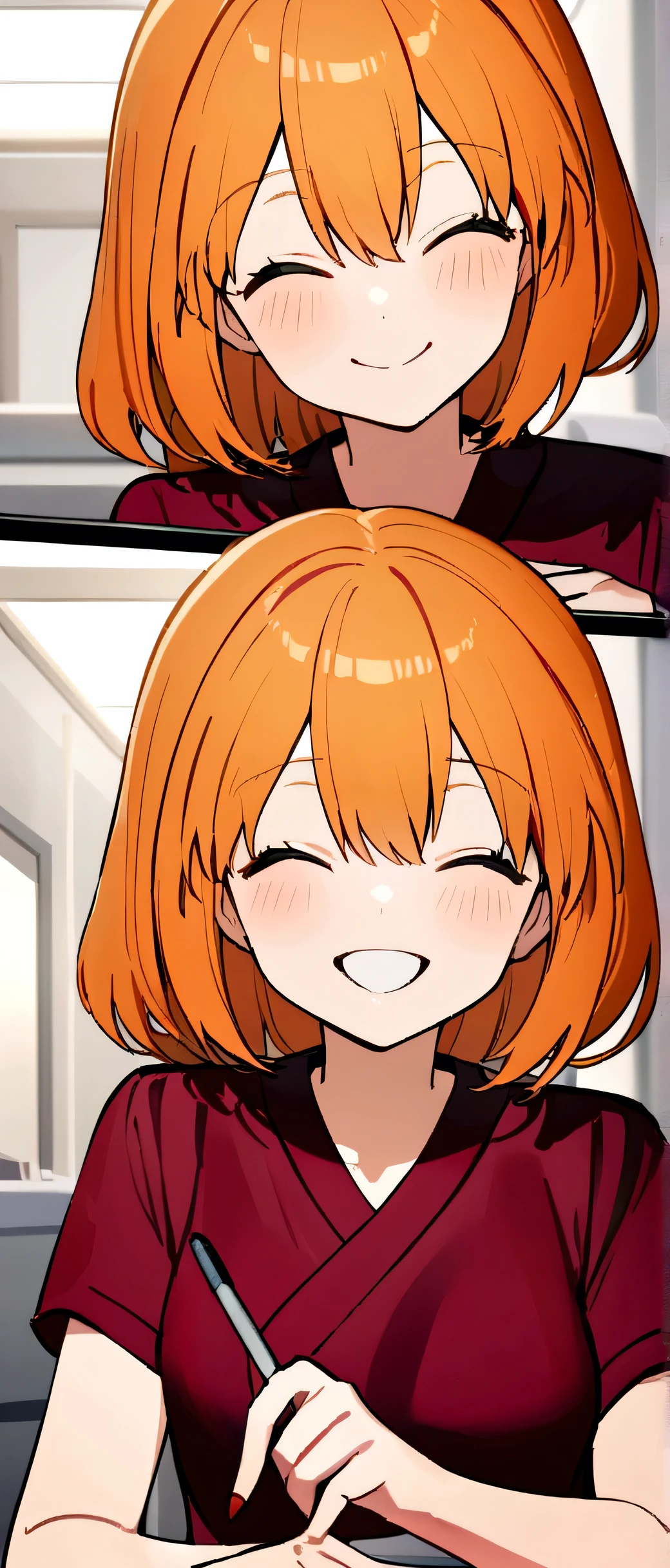 Anime fox girl orange hair, happy, smiling,,hospital, wearing maroon scrubs, half body portrait, writing something, UHD, ultra detailed 