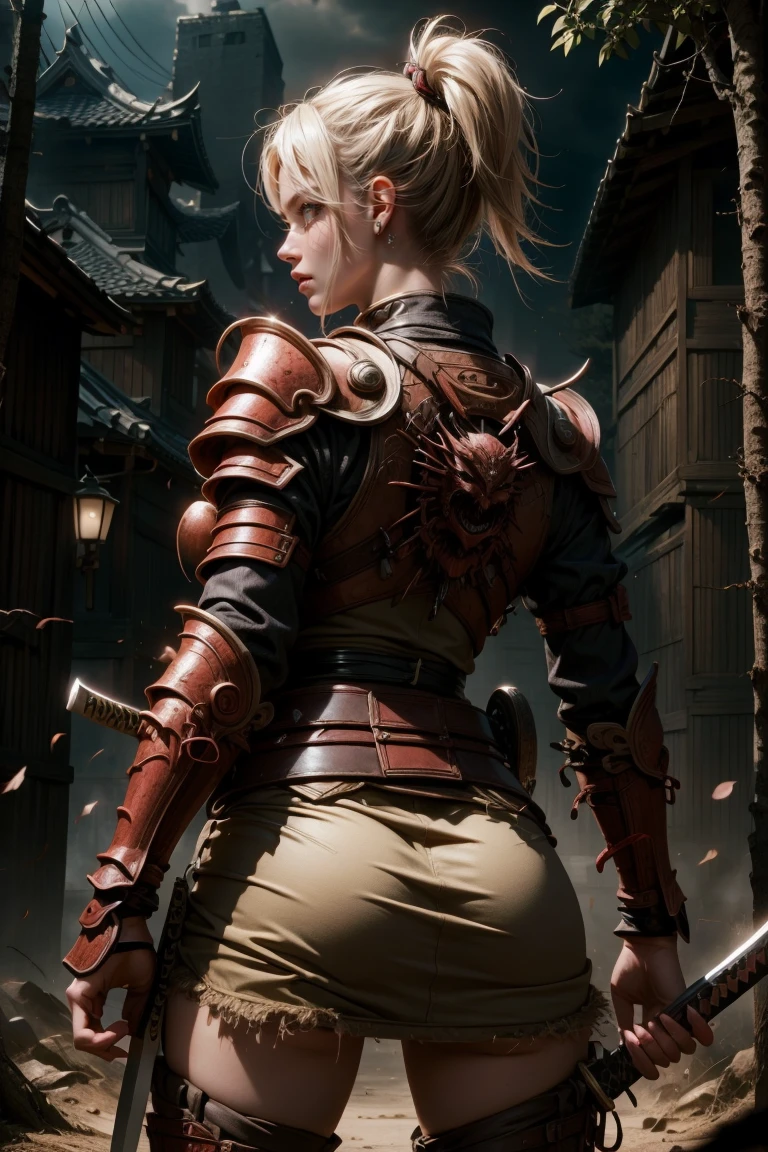 samurai girl, really short hair, with sexy samurai armor on your back, showing your back, katana sword