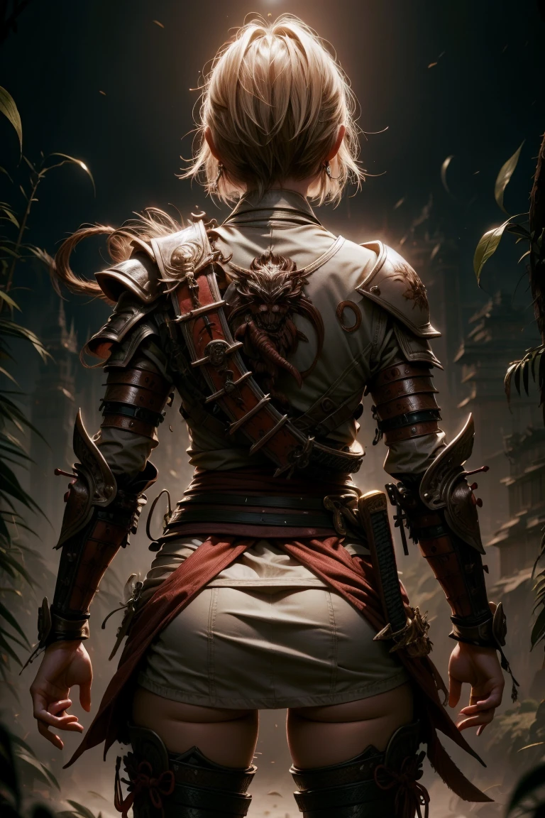 samurai girl, really short hair, with sexy samurai armor on your back, showing your back, katana sword