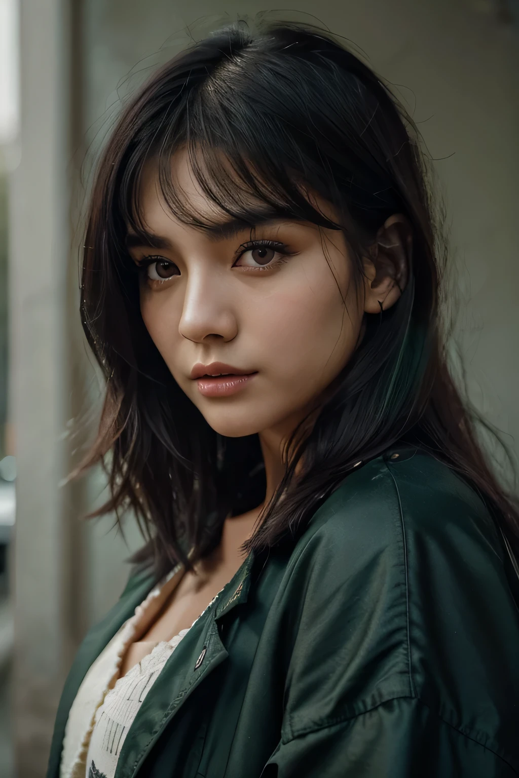 close up look of a girl with long wolf cut hairstyle, darkgreen and black hair, looking forward, beautiful face, masterpiece, best quality, wearing oversized jacket clothing, korean girl, darkgreen eyes, masterpiece, portrait.