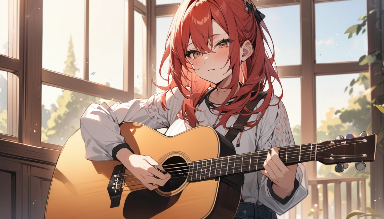 (Highest quality), One girl,Red hair,Playing Acoustic Guitar,In front of a large window,It&#39;s raining outside