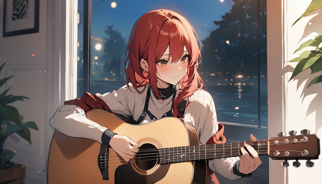(Highest quality), One girl,Red hair,Playing Acoustic Guitar,In front of a large window,It&#39;s raining outside