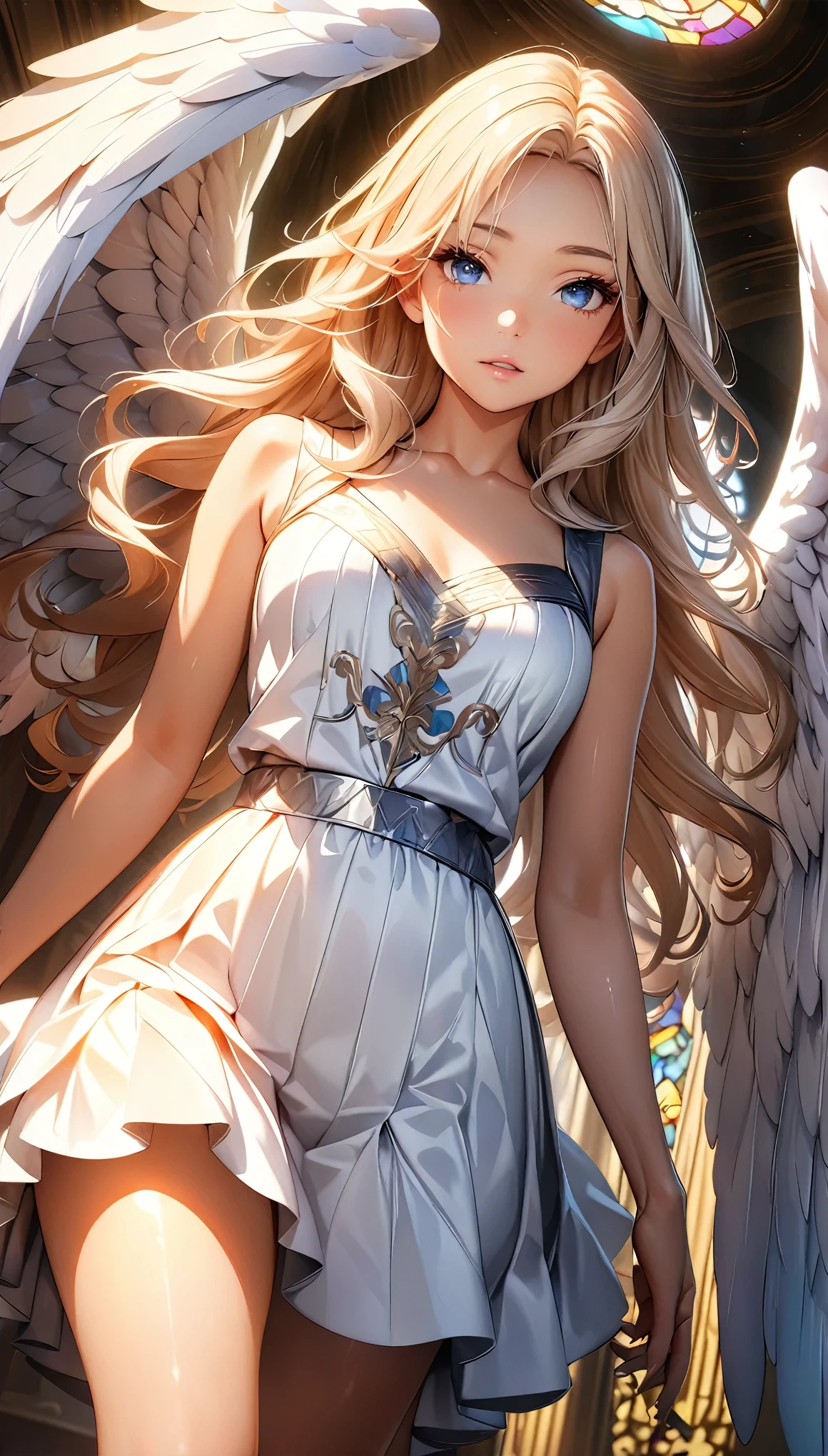 ((Beautiful angel:1.2, Angel Wings:1.2)), Beautiful appearance, Curvaceous woman, Long Hair, Shiny Hair, Beautiful Skin, Eye details, Eyes that hold light, Detailed face and eyes, Glossy Lips, Glorious Spirit, White sheer outfit, god々Wearing a bright light, Light pouring down, Stained Glass and Fine Carvings Background, Delicate and beautiful CG art, (Dynamic Angle, Dynamic Lighting), (Highest quality:1.2, 4K, 8K, Very detailed, High detail, masterpiece:1.2, Best aesthetics),