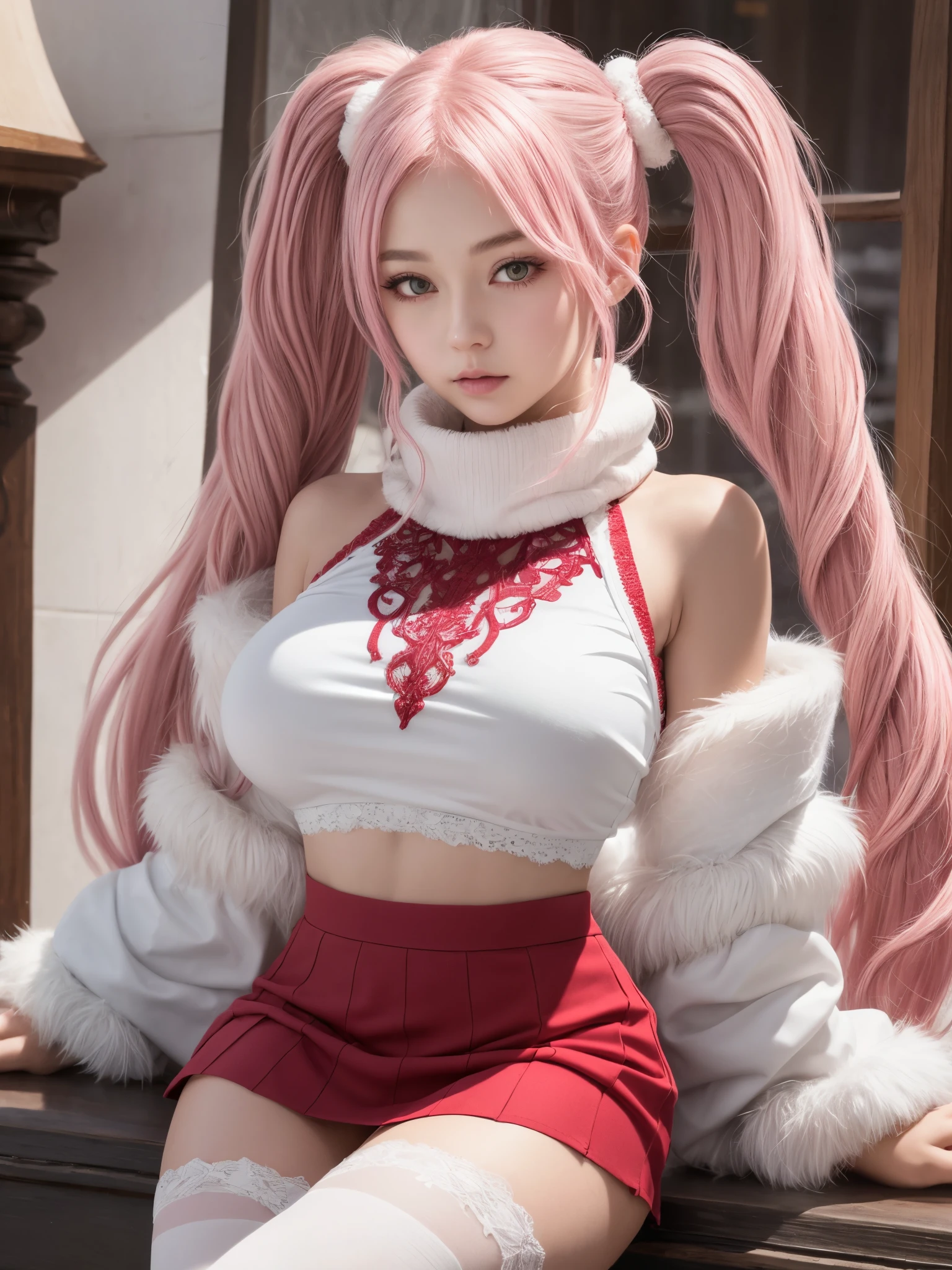 1girl, pink hair, twintails, detailed face, looking at viewer, black eyes, white fur-trimmed red muffler, snug intricate lace red mini petticoat skirt, white crop top, striped thigh high, navel, white gosamer bracelet sleeves, gigantic breasts,