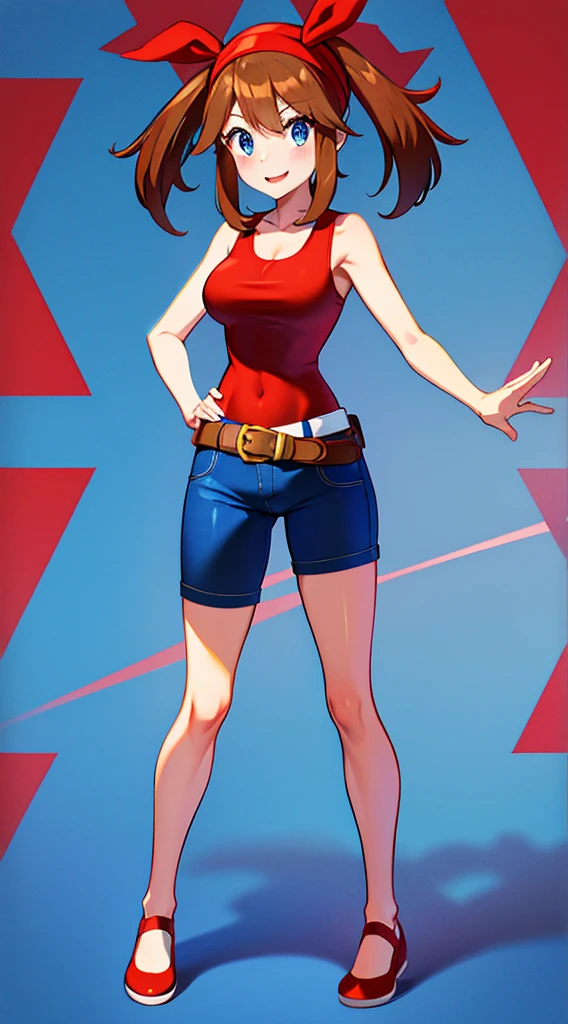 brown hair，blue eyes，short hair，Double tail，red headscarf，Red race swimsuit，Xiaoyao【Pokémon】blush，Smile，big breasts，Denim shorts，bedroom background, standing, idle, full body