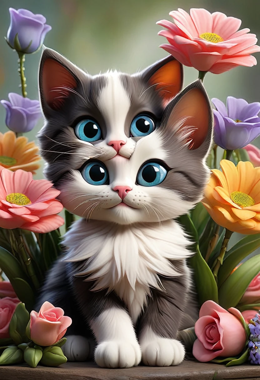A photorealistic image of a bouquet of flowers with two kittens hidden among the blooms. The bouquet is vibrant and colorful, featuring various types of flowers such as roses, lilies, and daisies. The kittens are playfully peeking out from between the flowers, their small faces and paws visible among the petals and leaves. The scene is whimsical and heartwarming, with the kittens adding a delightful and unexpected element to the beautiful floral arrangement.