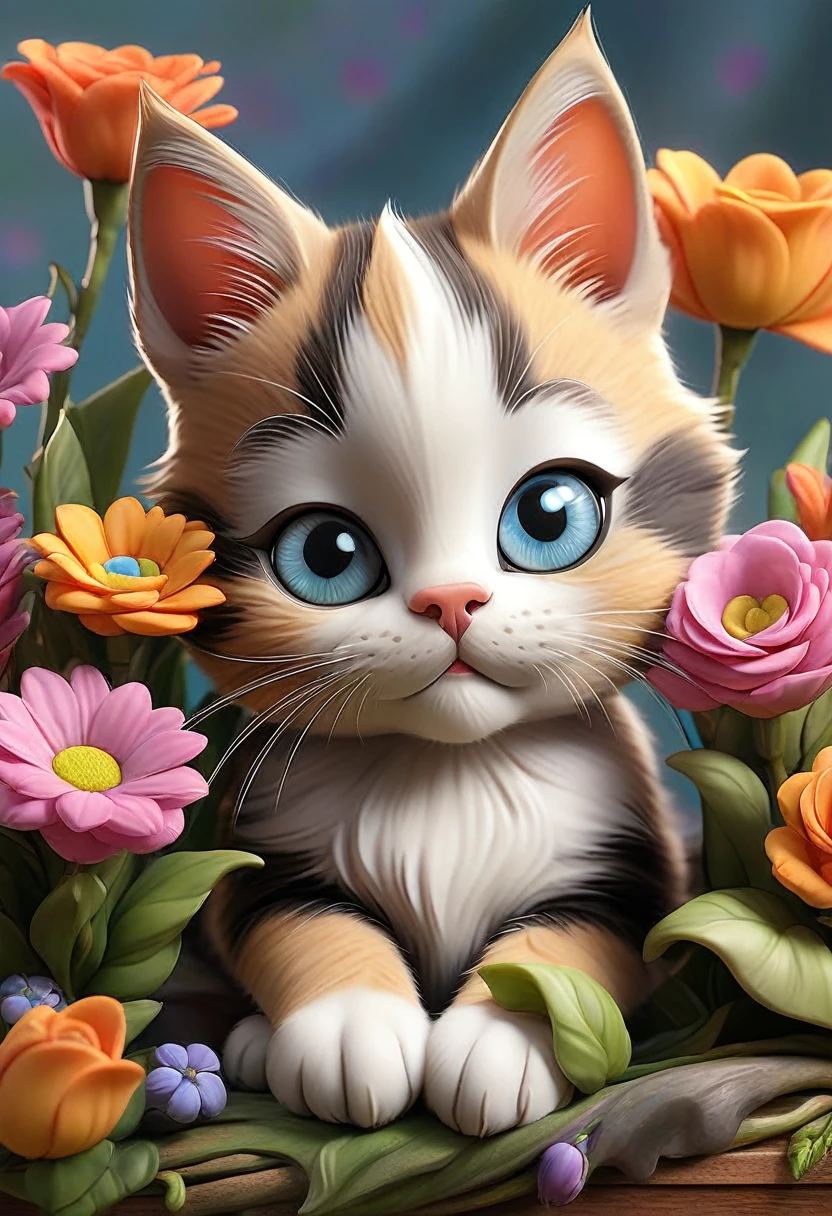 A photorealistic image of a bouquet of flowers with two kittens hidden among the blooms. The bouquet is vibrant and colorful, featuring various types of flowers such as roses, lilies, and daisies. The kittens are playfully peeking out from between the flowers, their small faces and paws visible among the petals and leaves. The scene is whimsical and heartwarming, with the kittens adding a delightful and unexpected element to the beautiful floral arrangement.