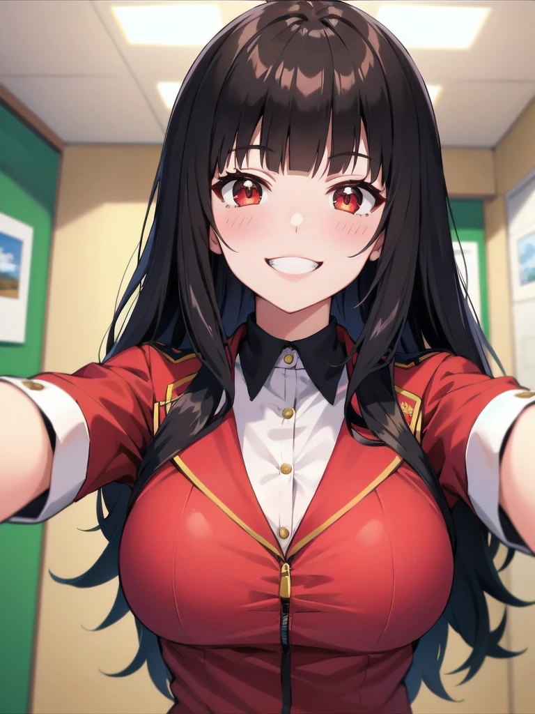 best quality, masterpiece, portrait, (close up:1.2), upper body, arms behind back, pov,
1girl, jabami yumeko,dynamic_pose, grinning, , blunt bangs, black hair, red jacket, indoors, classrooom, smile, looking at viewer, ai-generated 
