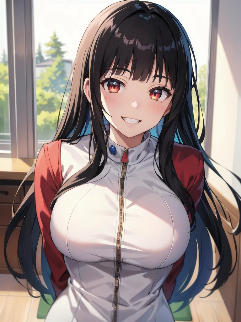 best quality, masterpiece, portrait, (close up:1.2), upper body, arms behind back, pov,
1girl, jabami yumeko,dynamic_pose, grinning, , blunt bangs, black hair, red jacket, indoors, classrooom, smile, looking at viewer, ai-generated