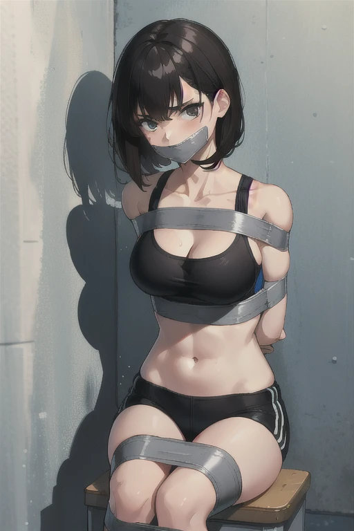 masterpiece, (best quality), girl in a sports bra (arms behind back:1.5), breasts bondage, arms bondage, legs bondage)