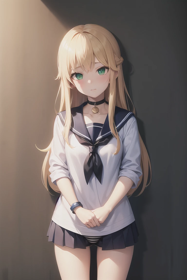 masterpiece, Highest quality, Perfect lighting, Facial Lighting, blonde, choker, Green Eyes, Long Hair, Sailor uniform showing underwear, Japanese ,blush, Breakwatch Viewer, Outdoor break, Leaning against a wall,Hold your underwear