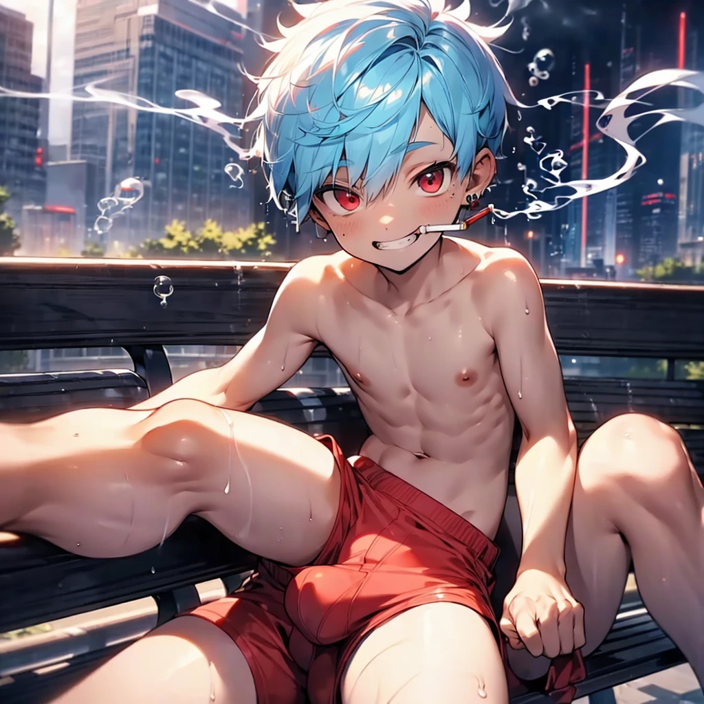 (solo:2), (boldline:-1.8), (smoking:1.6), (((bubble))), (sitting on bench:1.5), (spread legs:1.5), (((fang))), (((best finger))), BREAK (best quality:1.5), (absolutely resolution:1.5), (ultra detailed:1.5), (masterpiece:1.5), (perfect face), (detailed face), (detailed eyes), (best eyes), (cute face), (shota:2), BREAK (topless:1.5), BREAK (red short pants:1.5), (see throgh wet clothes:1.2), (bulge:1.6), (skinny:1.3), (spiked hair), BREAK (light blue hair:1.5), (wine red eyes:1.4), (eyes with highlight:1.6), ((mole under eye)), (sweaty skin), (light skin), (grin:1.5), ((earrings)), (shiny skin:1.3), BREAK (garden), (building:1.5), (at twilight:1.5), ((wind blowing)), ((nipple)), (abs), (groin),