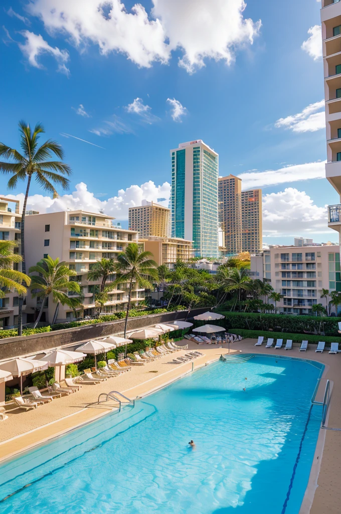 (Waikiki beach or In the heart of Waikiki or on the roof of a high-rise Hilton Hawaiian Village Beach Resort's pool or Kalakaua Avenue or Royal Hawaiian Center)、Human perspective