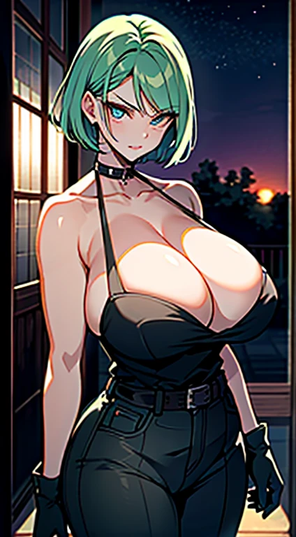 hyper largest_breasts!! with the type of elons, , Waifu, masterpiece, curvy, breasts, random hairs, random colors, full sunset,, 1girl, Jenna Jameson, cleavage, large breasts, tank top, blue eyes, rating:explicit,rule34, hardcore, ,,clenched hands, punching, night, sky, jumpsuit, pants, bare shoulders, clenched hand, rating:questionable, short hair, belt, green hair, solo, angry, orange gloves, lip biting(gigantic and massive tits:1.1), breasts, official i'llustration, illustration, detailed face, beautiful intricate eyes, curvy milf, 1:2), closeup, titsnipples