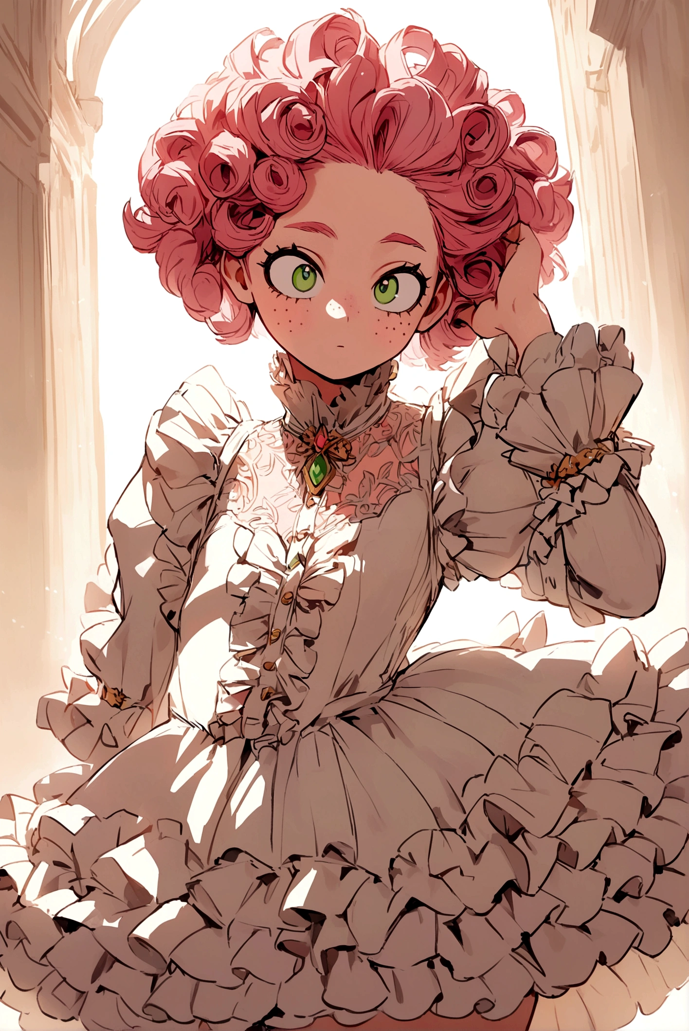 My hero academia, girl with curly pink hair green eyes and freckles, cute frilly outfit
