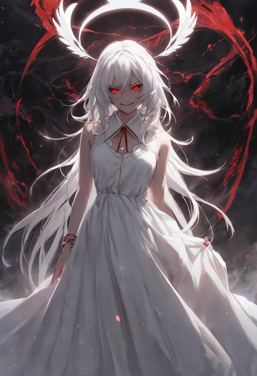 masterpiece , abyss , beauty , white hair , red eyes , halo ring angel , soft light , dark vibe , no wings , she looks badass , glowing eyes , horror , scary smile, yandere , mature women