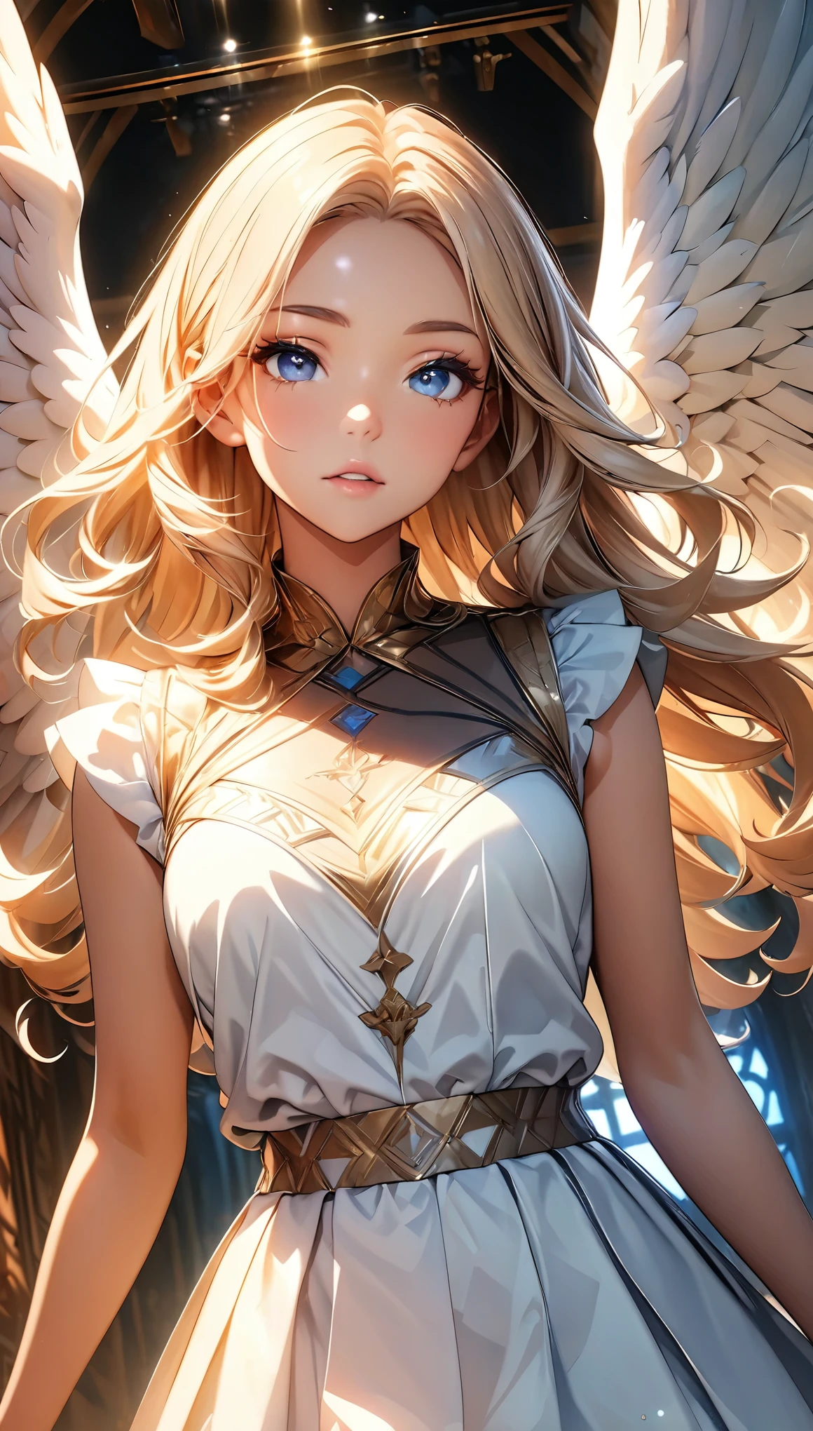 ((Beautiful angel:1.2, Angel Wings:1.2)), Beautiful appearance, Curvaceous woman, Long Hair, Shiny Hair, Beautiful Skin, Eye details, Eyes that hold light, Detailed face and eyes, Glossy Lips, Glorious Spirit, White sheer outfit, god々Wearing a bright light, Light pouring down, Stained Glass and Fine Carvings Background, Delicate and beautiful CG art, (Dynamic Angle, Dynamic Lighting), (Highest quality:1.2, 4K, 8K, Very detailed, High detail, masterpiece:1.2, Best aesthetics),