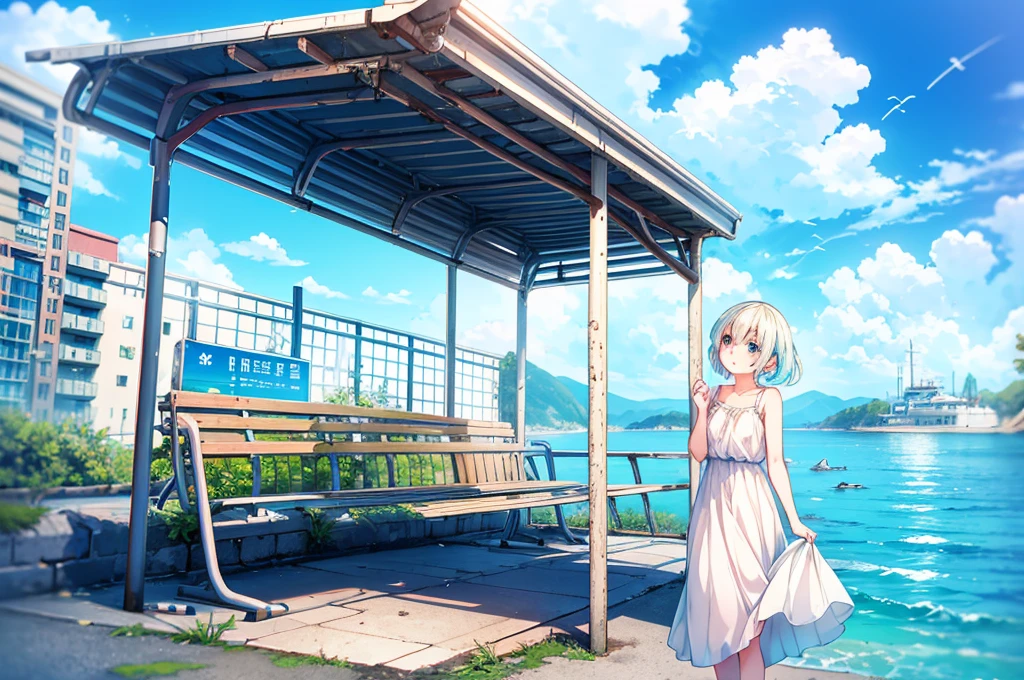 masterpiece, best quality, high resolution, extremely detailed CG, Post-apocalyptic, a girl in a white dress on a broken white platform on the sea,  a deserted bus stop on the platform, a few pieces of concrete scattered in the water, blue sky, fresh, simple, pastel colors