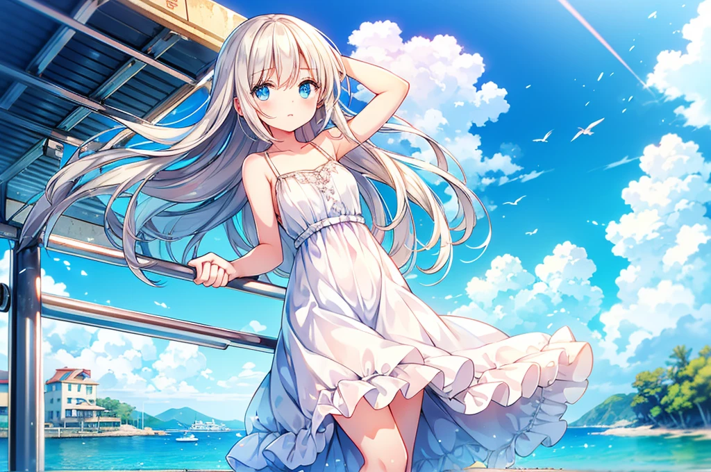 masterpiece, best quality, high resolution, extremely detailed CG, Post-apocalyptic, a girl in a white dress on a broken white platform on the sea,  a deserted bus stop on the platform, a few pieces of concrete scattered in the water, blue sky, fresh, simple, pastel colors