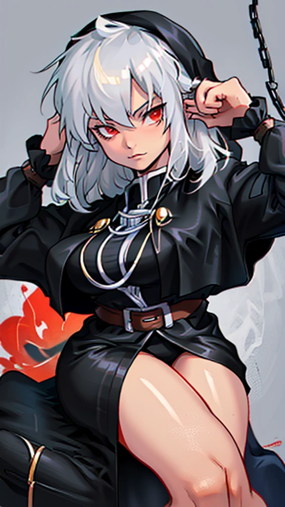 Highly detailed, 1 girl, goeniko, Very pale skin, greyish white hair, shiny red eyes, serious, black goeniko's clothes, medium buson, curvy body, looking to the viewer, pit Black clothes, Large chains in hand