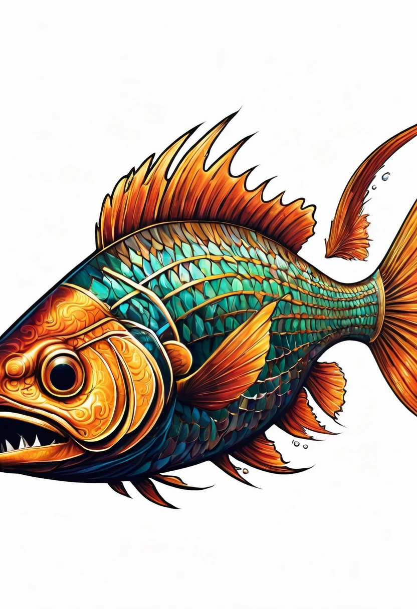 An ancient mutant fish，fear，Scary，Huge teeth，Money，ferocious，side view，White background