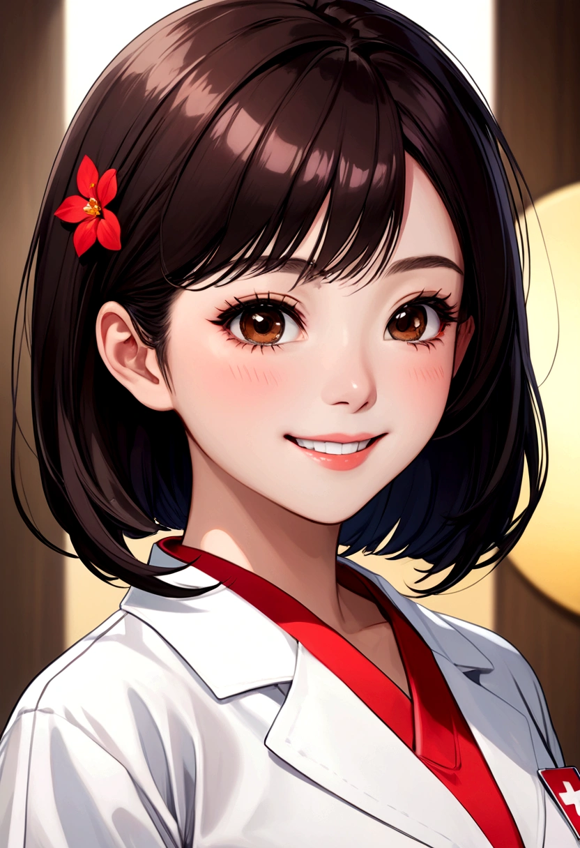 (Highest quality, 8K, 32k, masterpiece, Ultra-high resolution:1.2),Beautiful Japanese Women Photos、Group of 2、healthy、Glowing Skin, Shallow depth of field、Contrasting、Professional Model、looking forward to it、Overbyte、mouth half open、blush:2.5、Random hairstyles for short hair、Black Hair、Face close-up、Portraiture、Teeth are visible、Big Mouth、Droopy eyes、Round face、Multiple moles、Fair skin、Active 24 year old、Brown eyes、Big smile、nurse、Wear a uniform、Working