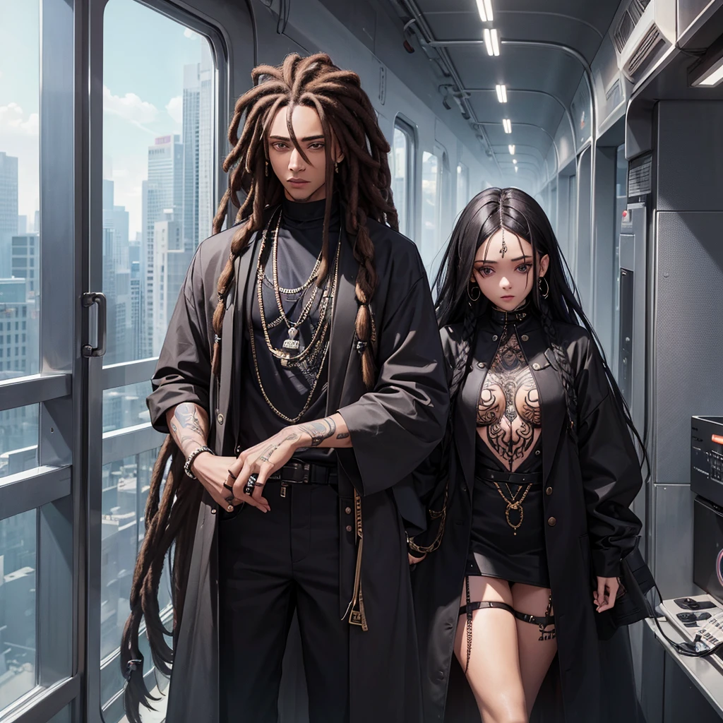 woman. mulatta. He has dreadlocks in his hair. has tattoos. He is wearing black clothes. futuristic scenery