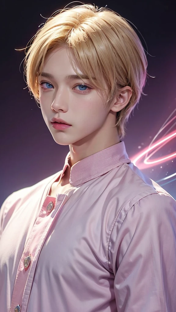 Young man, V of BTS, short and blonde hair, blue eyes, soft face, big lips, pink clothes, male body, y2k glowing fuch lights background