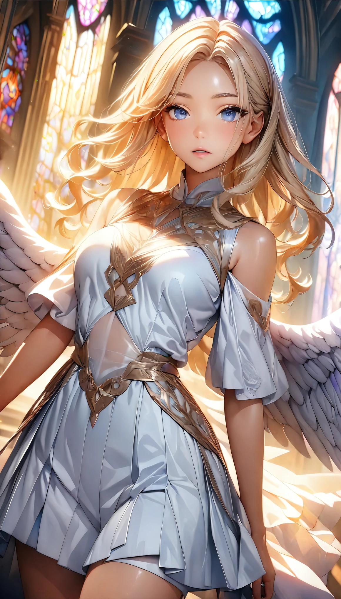 ((Beautiful angel:1.2, Angel Wings:1.2)), Beautiful appearance, Curvaceous woman, Long Hair, Shiny Hair, Beautiful Skin, Eye details, Eyes that hold light, Detailed face and eyes, Glossy Lips, Glorious Spirit, White sheer outfit, god々Wearing a bright light, Light pouring down, Stained Glass and Fine Carvings Background, Delicate and beautiful CG art, (Dynamic Angle, Dynamic Lighting), (Highest quality:1.2, 4K, 8K, Very detailed, High detail, masterpiece:1.2, Best aesthetics),