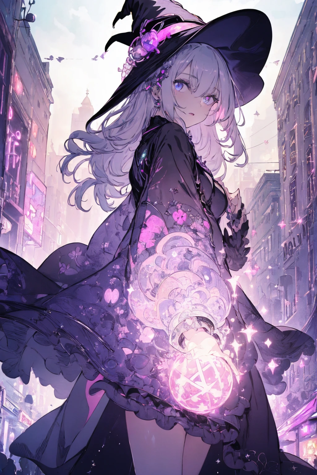 (witchcraft photo:1.1,in neon downtown:1.5), Masterpiece, best quality, (very detailed CG unity 8k wallpaper), (best quality), High definition RAW color art, Animation,sculptures, (pink Marble Skin), (((Ultra detailed elegant))), Magical atmosphere, Detailed skin, Texture,(Intricately detailed, Fine detail, ultra-detail art), depth of fields, bokeh, Silky Touch, Hyper Detail, beautiful eyes, Elegant Face, (looking back), sparkle background, (silver hair), pastel purple, fat, shorthair, dress, フリル, witchcraft hat