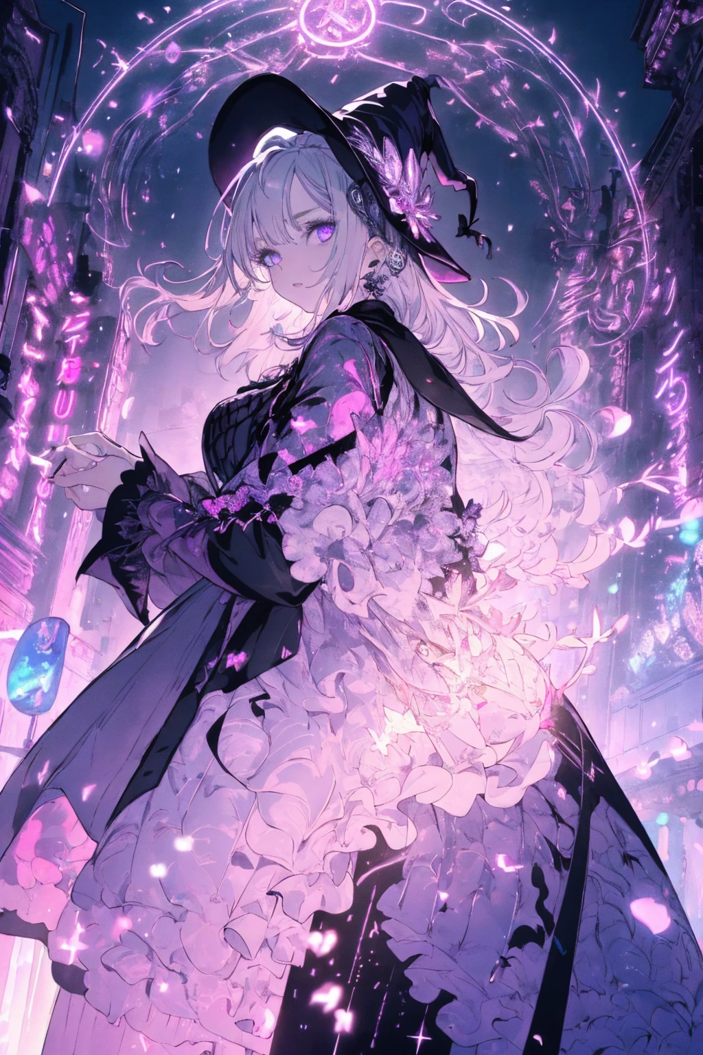 (witchcraft photo:1.1,in neon downtown:1.5), Masterpiece, best quality, (very detailed CG unity 8k wallpaper), (best quality), High definition RAW color art, Animation,sculptures, (pink Marble Skin), (((Ultra detailed elegant))), Magical atmosphere, Detailed skin, Texture,(Intricately detailed, Fine detail, ultra-detail art), depth of fields, bokeh, Silky Touch, Hyper Detail, beautiful eyes, Elegant Face, (looking back), sparkle background, (silver hair), pastel purple, fat, shorthair, dress, フリル, witchcraft hat