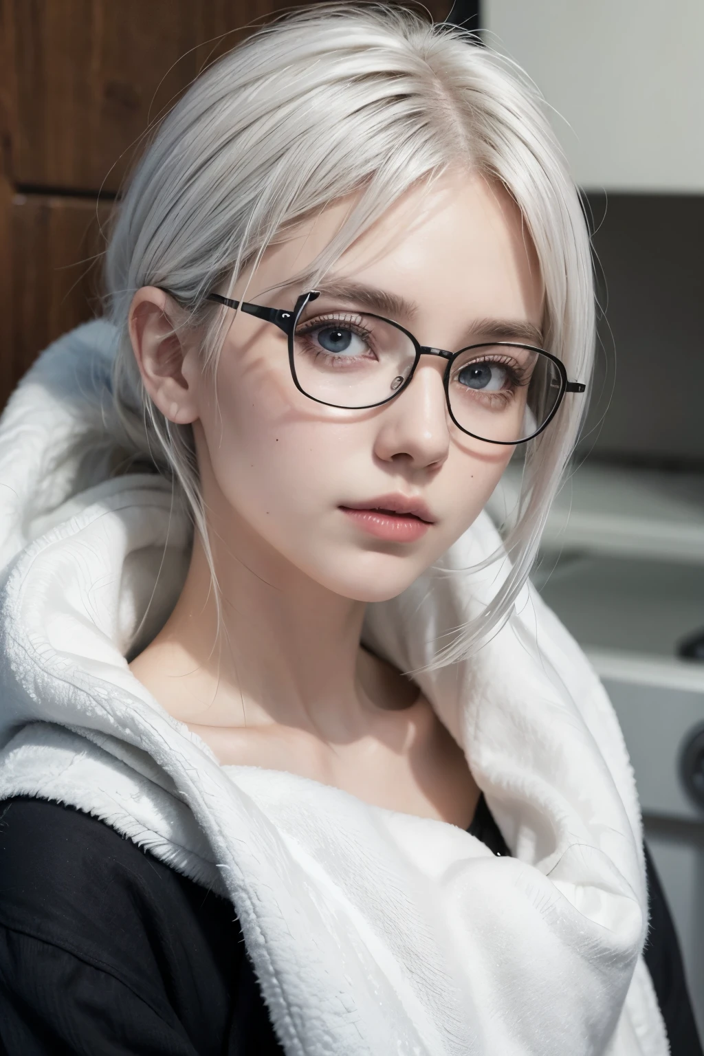 White hair, a white beard, black glasses and a towel 