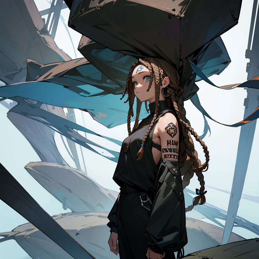 woman. mulatta. He has dreadlocks in his hair. has tattoos. He is wearing black clothes. futuristic scenery