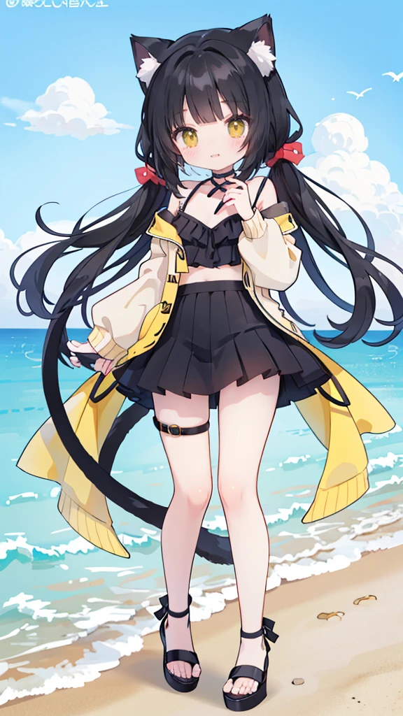 At the beach上、long hair，Yellow eyes、anime girl wearing black shoes，Very beautiful animated cat girl，，beautiful anime cat girl，At the beach，cute anime cat girl，beautiful anime girl，At the beach，Wearing black swimsuit，Wearing a black miniskirt，wearing strappy high heels，strappy high heels，seductive anime girl，on the beach，anime cat girl，Anime cute art style，anime girl