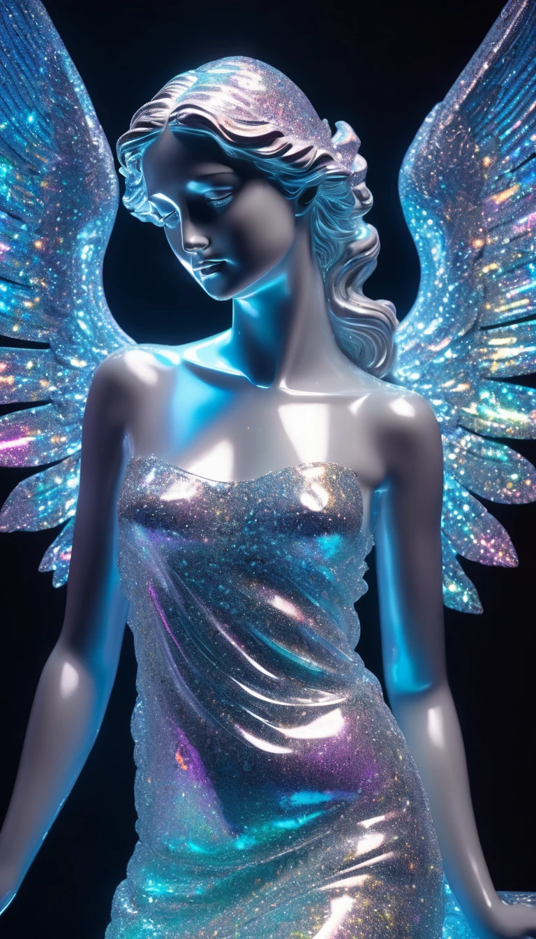 best quality, super fine, 16k, RAW photo, photorealistic, 2.5D, delicate and dynamic depiction, plaster statue of an angel, beautiful, cute, iridescent glitter effect scattered all over, neon light up, ascii_art, translucent, transparent