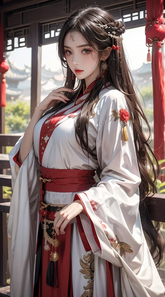 Realistic, High resolution, 1 female, Hip Up, Beautiful Eyes, Long Hair, The eyes are round, jewelry, tattoo, Hanfu, Chinese Fairy, Taoist Uniform