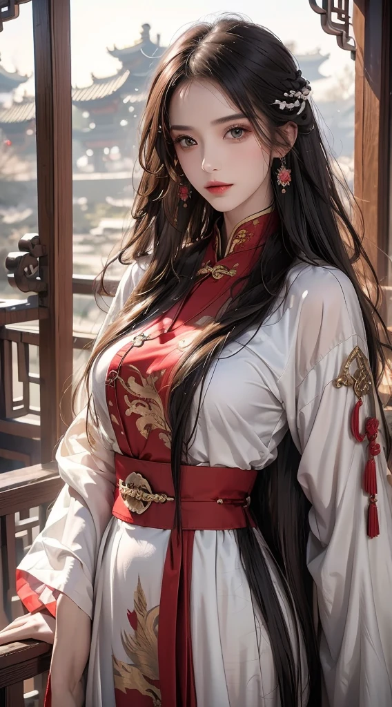 Realistic, High resolution, 1 female, Hip Up, Beautiful Eyes, Long Hair, The eyes are round, jewelry, tattoo, Hanfu, Chinese Fairy, Taoist Uniform