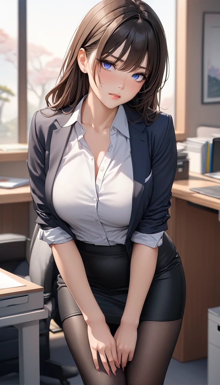 (((masterpiece))),(((High resolution)))、(((8K)))、(((perfect face)))、(((beauty of japan)))、30 years old、(((beautiful face))), (((office))), (((shirt))), ((pencil skirt)), ((tights)), embarrassed look, look at the camera, top quality eyes, detailed texture, look at the camera, all body, big , Married woman, cool women, (((high resolution eyes)))