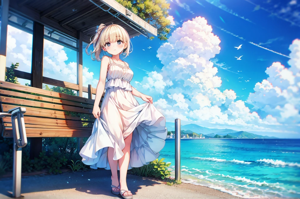 masterpiece, best quality, high resolution, extremely detailed CG, Post-apocalyptic, a girl in a white dress on a broken white platform on the sea,  a deserted bus stop on the platform, a few pieces of concrete scattered in the water, blue sky, fresh, simple, pastel colors