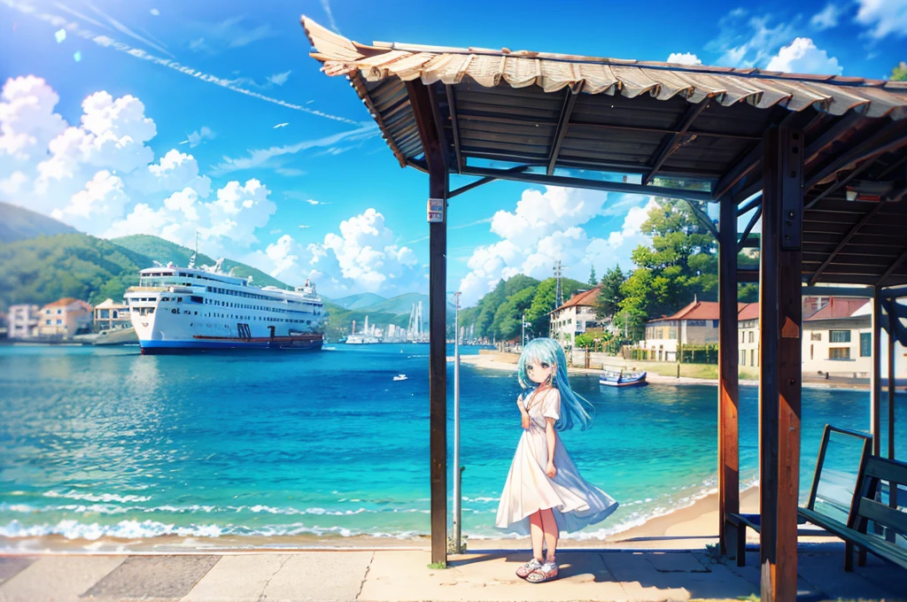 masterpiece, best quality, high resolution, extremely detailed CG, Post-apocalyptic, a girl in a white dress on a broken white platform on the sea,  a deserted bus stop on the platform, a few pieces of concrete scattered in the water, blue sky, fresh, simple, pastel colors