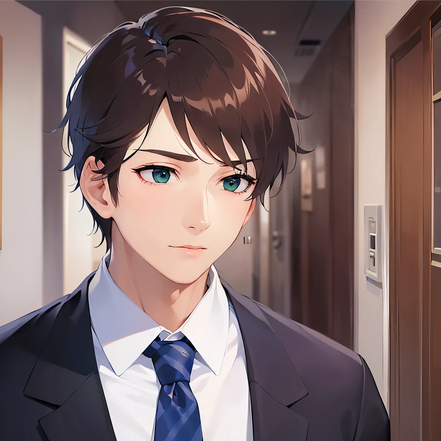 portrait,(looking away:1.5),side ungle,masterpiece、Highest quality、BREAK (25-year-old male:1.5) and (Mahogany brown short hair) and (Green Eyes)BREAK (white collared shirt) and (Blue tie),The background is an office hallway、Serious face