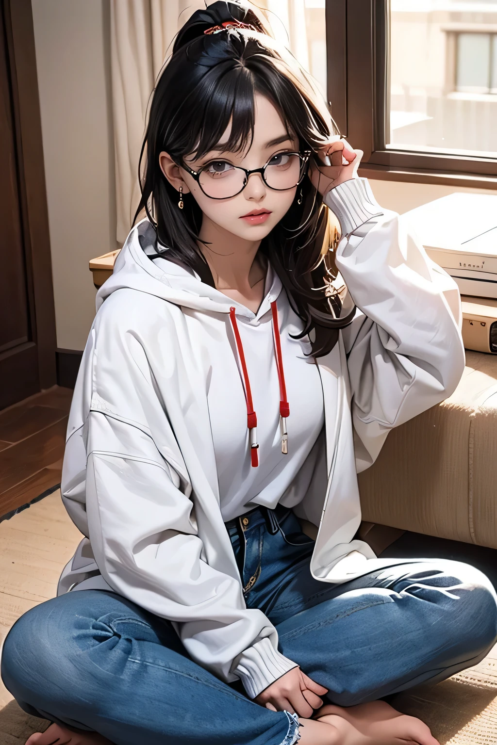 There is a woman sitting cross-legged on the floor...., Wearing glasses, Wearing glasses on, Japanese Model, Wearing glassesいた, a Surreal , Wearing square glasses, Without glasses, A real young gravure idol, Geeky look, Wearing glassesいる, Young and sexy gravure idol, Surreal , Yoshitomo Nara, White hoodie, Read comics,Denim pants, I like manga,Mole under the left eye,Cute Freckles,barefoot,