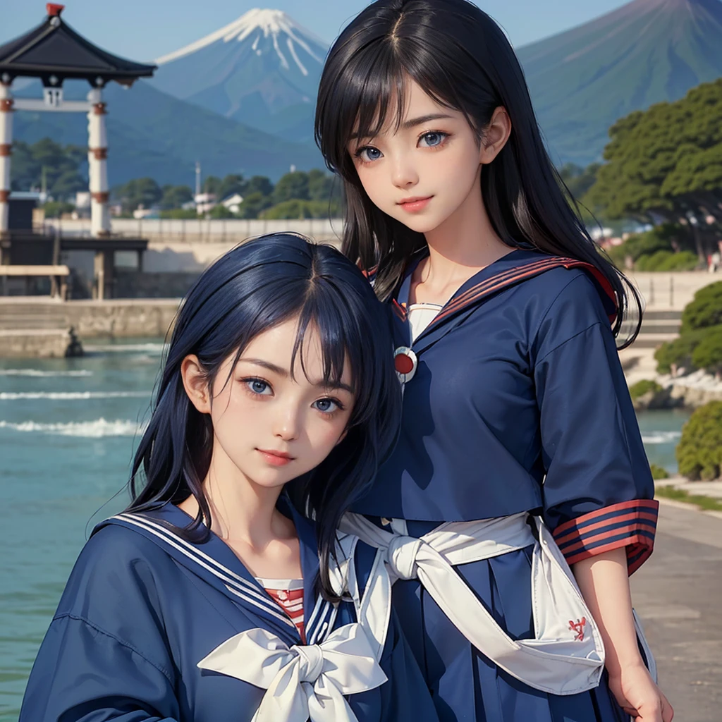 best quality, masterpiece,
Three Japanese-high-school-girls,
looking straight ahead and striking a gutsy pose are standing (separately:1.4), side by side,
wearing a short-sleeved Japanese-blue-high-school-sailor-suit,
(Japanese-blue-high-school-sailor-suit:1.7),
Reddish bow tie, with a school bag,
((too much smile)), very cute, face, head and waist fully visible, (soft eyes:1.2)
upper arms hidden by clothes and hair,(innocent and pure high-school-girls:1.7)
,(The image shows only the upper body:1.7)
(only one well-shaped beautiful mount Fuji:1.2), (shrine:1.2), summer(season) ,(outdoors:1.5),