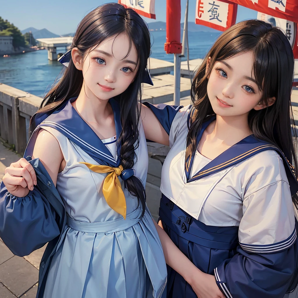 best quality, masterpiece,
Three Japanese-high-school-girls,
looking straight ahead and striking a gutsy pose are standing (separately:1.4), side by side,
wearing a short-sleeved Japanese-blue-high-school-sailor-suit,
(Japanese-blue-high-school-sailor-suit:1.7),
Reddish bow tie, with a school bag,
((too much smile)), very cute, face, head and waist fully visible, (soft eyes:1.2)
upper arms hidden by clothes and hair,(innocent and pure high-school-girls:1.7)
,(The image shows only the upper body:1.7)
(only one well-shaped beautiful mount Fuji:1.2), (shrine:1.2), summer(season) ,(outdoors:1.5),