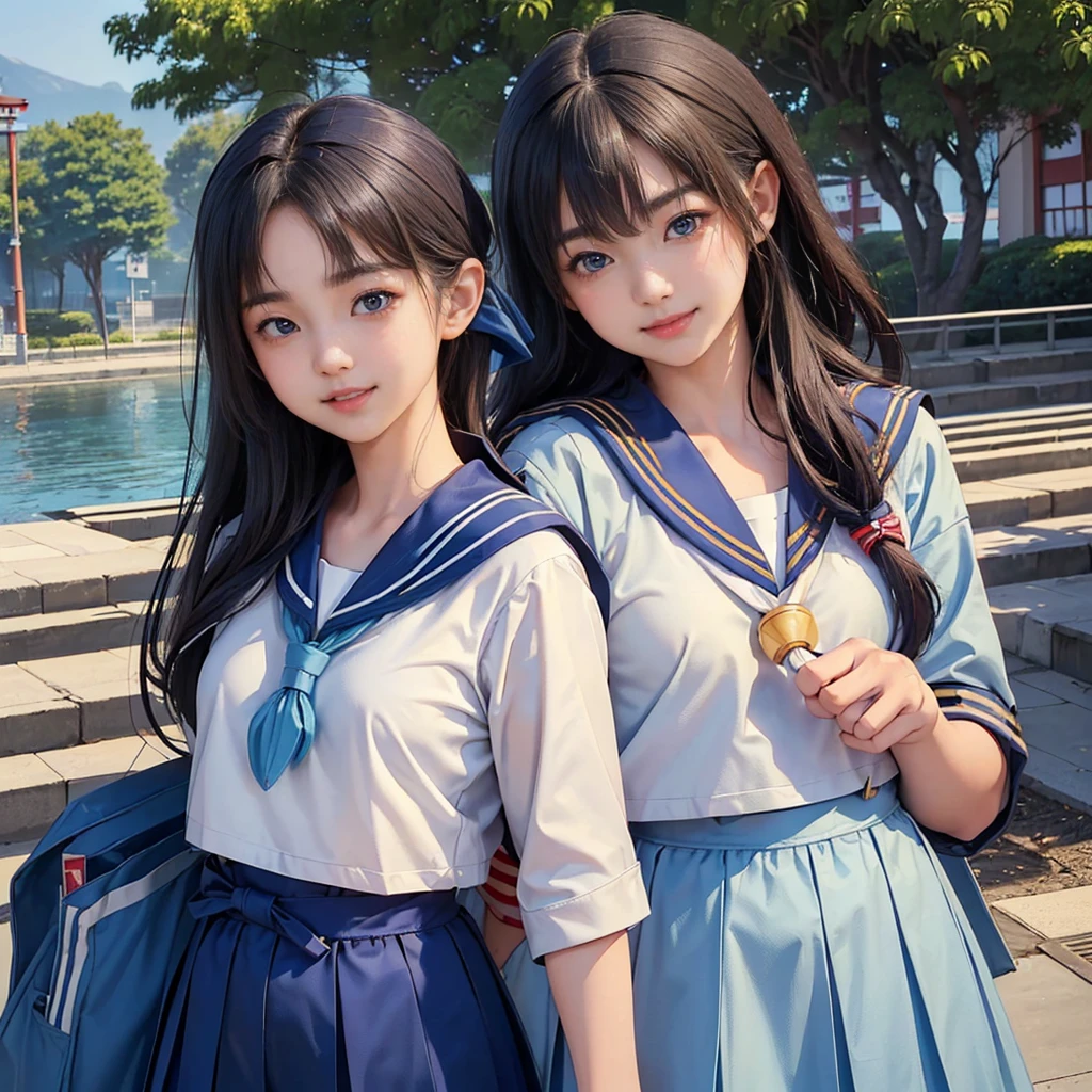 best quality, masterpiece,
Three Japanese-high-school-girls,
looking straight ahead and striking a gutsy pose are standing (separately:1.4), side by side,
wearing a short-sleeved Japanese-blue-high-school-sailor-suit,
(Japanese-blue-high-school-sailor-suit:1.7),
Reddish bow tie, with a school bag,
((too much smile)), very cute, face, head and waist fully visible, (soft eyes:1.2)
upper arms hidden by clothes and hair,(innocent and pure high-school-girls:1.7)
,(The image shows only the upper body:1.7)
(only one well-shaped beautiful mount Fuji:1.2), (shrine:1.2), summer(season) ,(outdoors:1.5),
