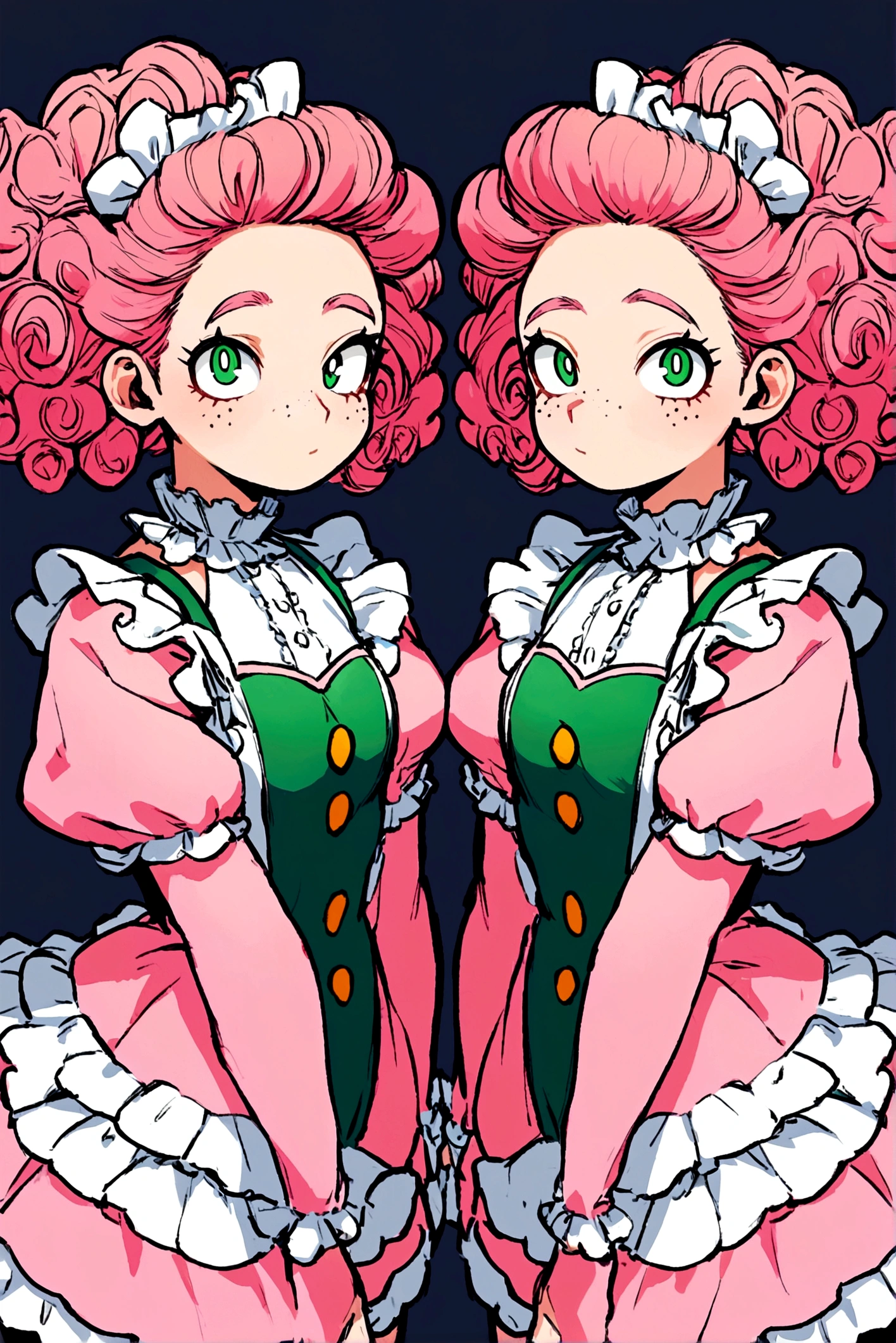 My hero academia, girl with curly pink hair green eyes and freckles, cute frilly outfit