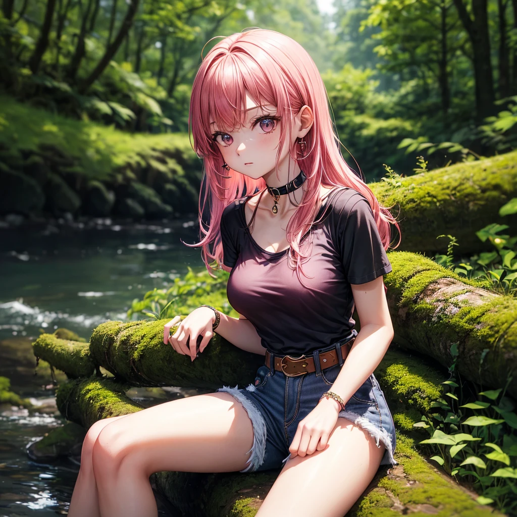 (((highest quallity))), 1 girl, alone, sitting on a log, at a forest, nblurry background, choker, bracelete, aretes, perfect hands, shorts jeans, black t-shirt tucked into shorts, waist belt, no censure, looking at the spectator,(((medium breasts: 1.2))), long pink hair