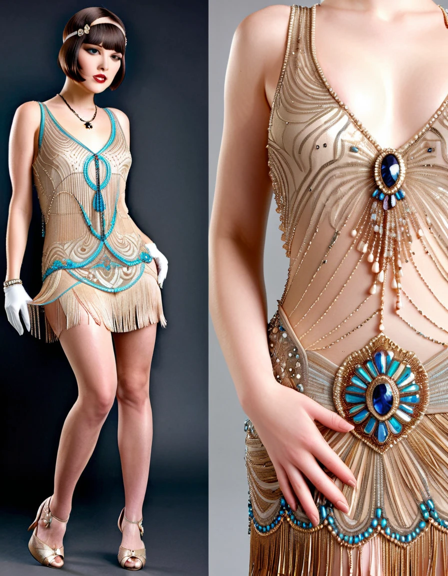 The Jazz Age Details: Zoom in on the intricate details of a Flapper's attire, from her beaded fringe dress to her T-strap heels, capturing the essence of 1920s fashion