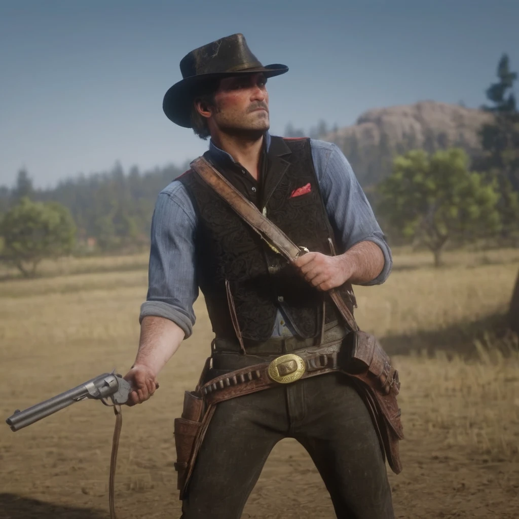 cinematic film still of  A PARrOt HEAd MAn holding a gun in a field,solo,1boy,weapon,male focus,gun,blood,facial hair,blood on clothes,manly,aiming at viewer , epic, Western, adventures, outlaw, Red Dead, Western United States, wild west, cowboy, cowgirl, Open world, 1900's, realistic, cinematic, film look, dramatic light, partially covered in shadows, gang, Western-themed action-adventure, Red Dead Redemption style
, shallow depth of field, vignette, highly detailed, high budget, bokeh, cinemascope, moody, epic, gorgeous, film grain, grainy